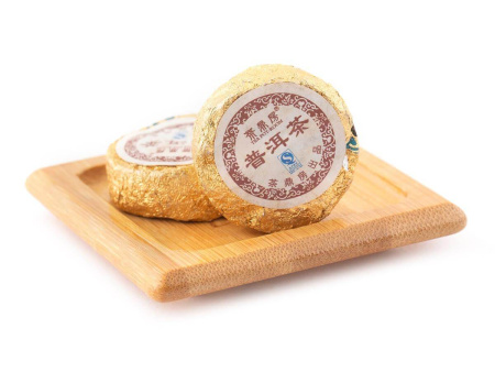 Pressed Rip Pu-erh Tea - Shu Pu'er Chenxiang (Old Fragrance) Mini Dots in Gold Foil, 