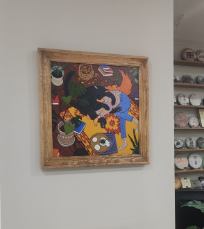 Painting "Tea with a cat in an embrace", oil paints, canvas 40x40. Nikolay Leushin. Price: ₽5,000 rub.